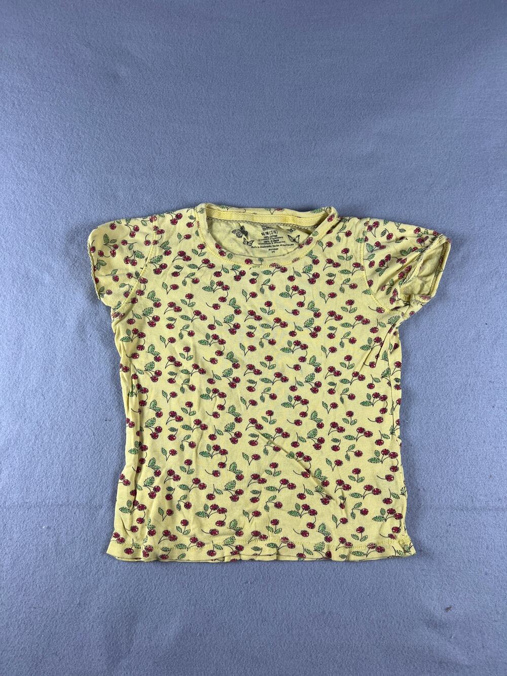 Faded Glory T-Shirt Girls M 7/8 Yellow Short Sleeve Cherry Print Graphic Classic